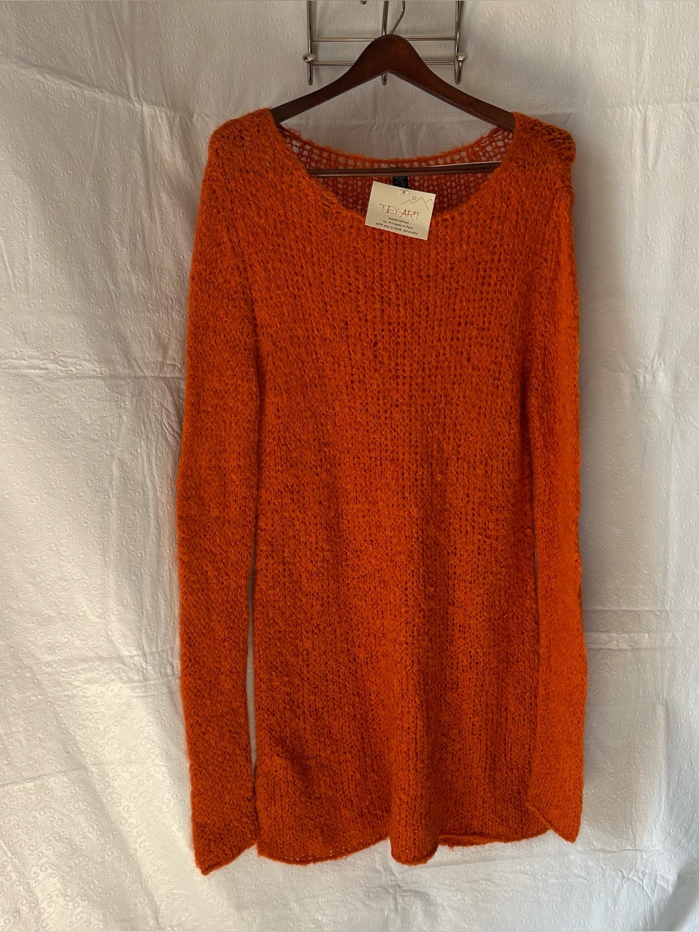 Tey-Art NWT Alpaca Wool Open Knit Sweater Tunic Orange Handmade Peru Soft Sz S